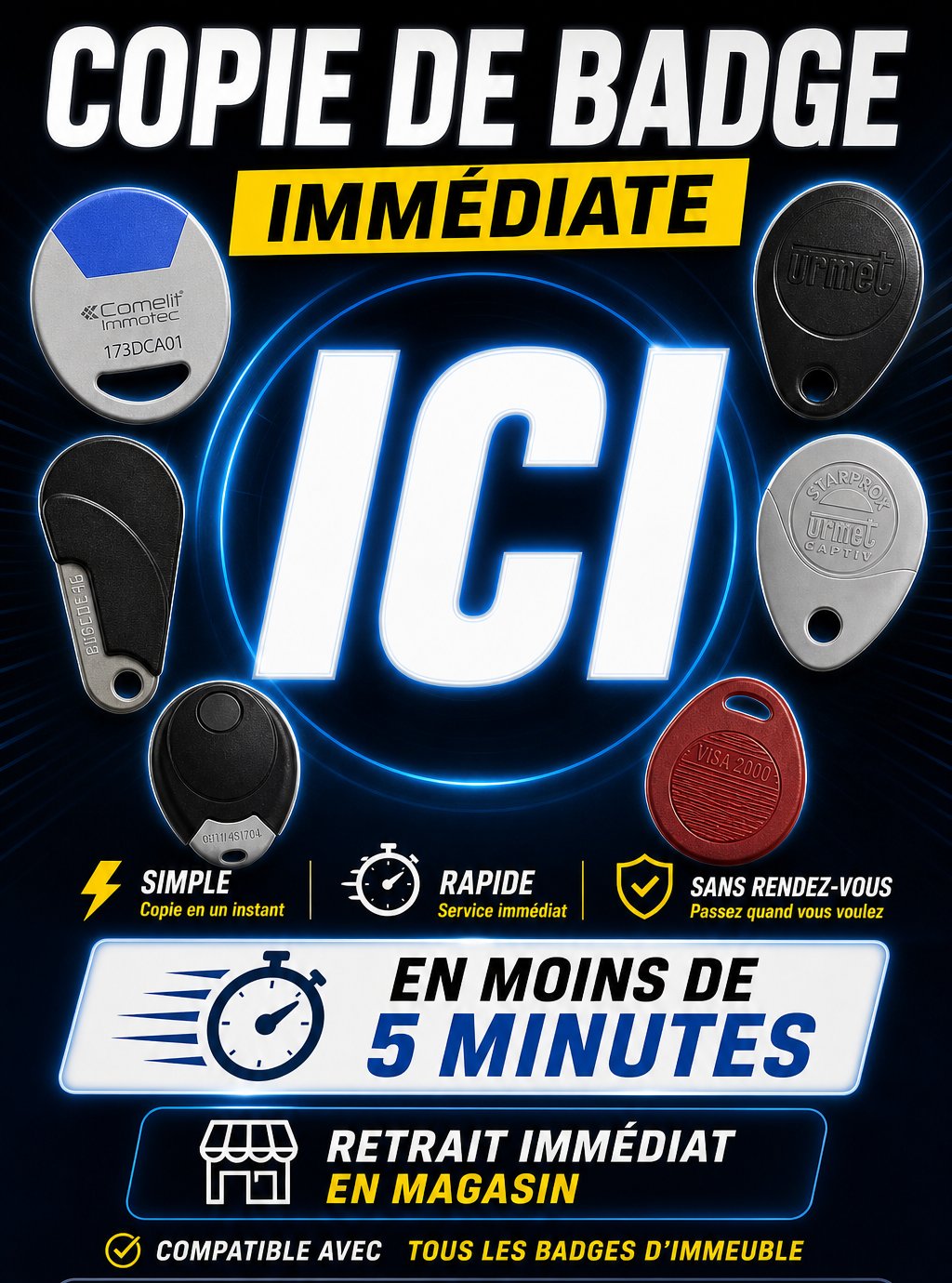 Affiche copie de badge immeuble immédiate — moins de 5 minutes