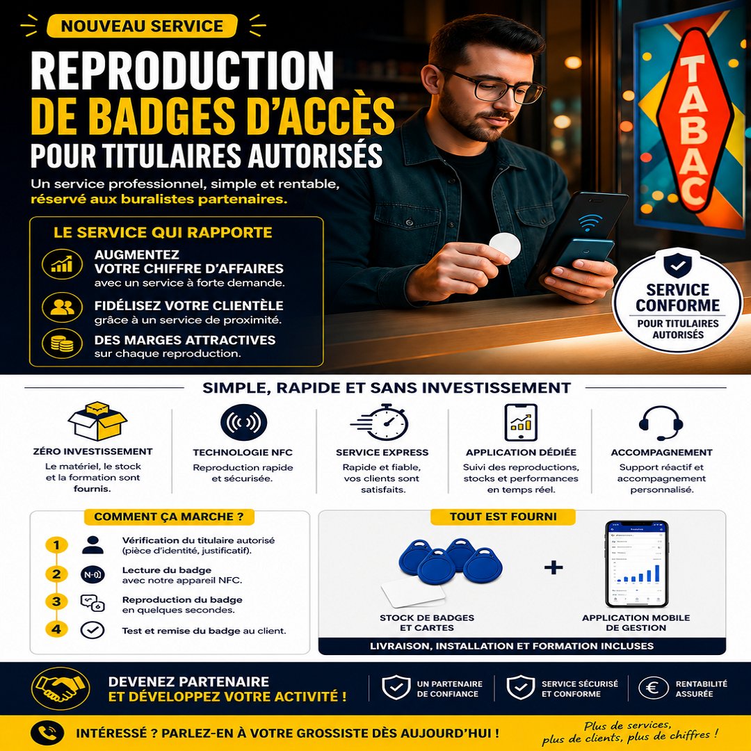 Reproduction de badge d'immeuble NFC en bureau de tabac